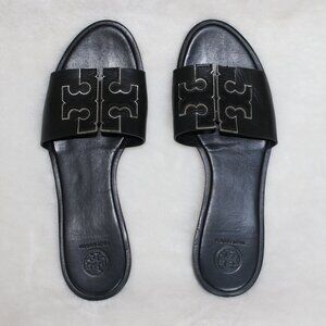 Tory Burch Double T Ines Sandals Slides Leather 8.5 Black